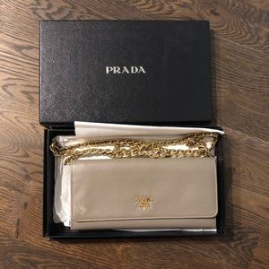 Prada Wallet on Chain Saffiano Leather Taupe